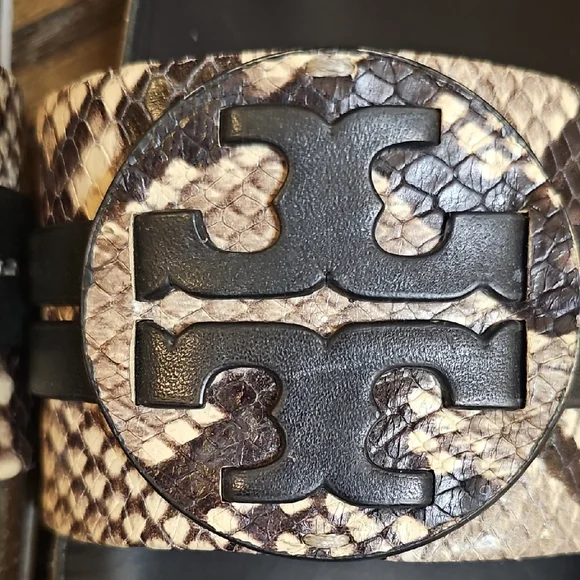 Tory Burch Leigh Slide Sandals Black and Brown Snake Print - Picture 12 of 13